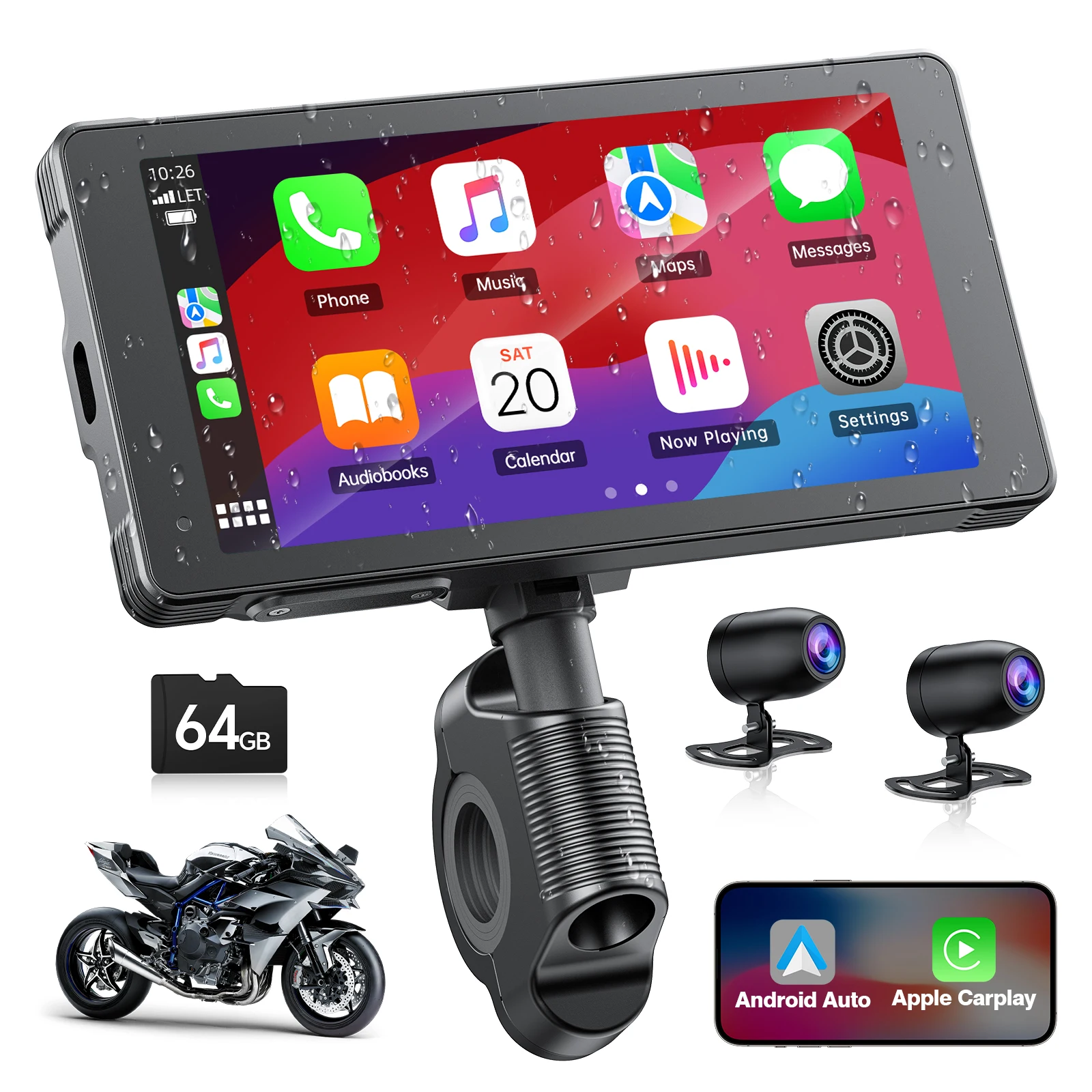 

TOGUARD Wireless CarPlay display for Motorcycles,IP67 waterproof,Android Auto Car Radio,2K+1080P Dashcam,5.5'' IPS touch screen