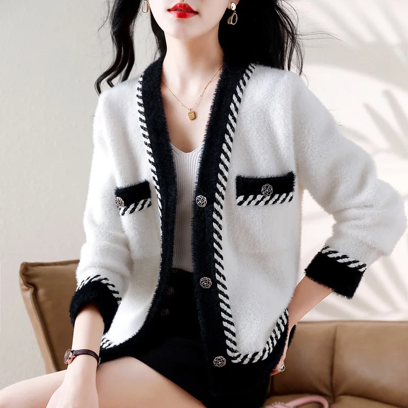 Women Clothing Chic Rose Button Knitted Cardigan Spring Autumn Plush Fashion Loose Korean Style Sweaters Female Knitwear