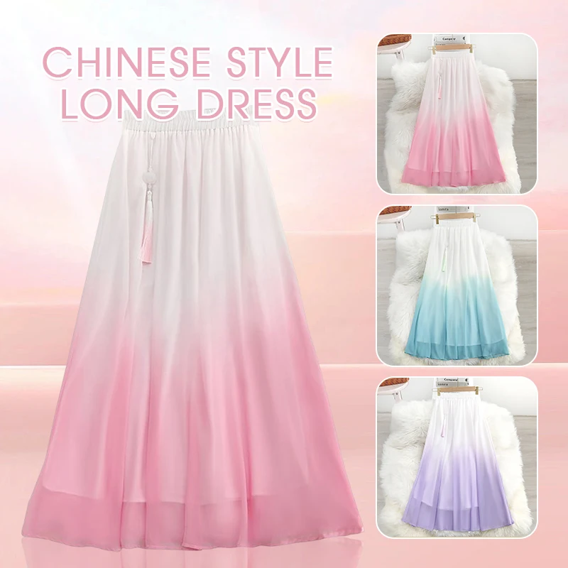 

Chinese Style Long Hanfu Skirt Women Literary Fairy Skirt Ancient Ethnic Retro Zen Tea Dress Dyeing Big Swing Skirts Cosplay