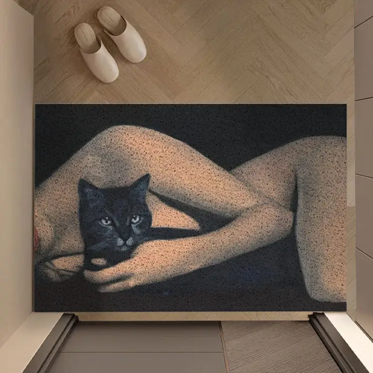 Vintage Art Figure & Black Cat PVC Coil Doormat Dark Aesthetic Wire Loop Mat Anti-Slip Dirt Catching Welcome Rug Entrance Decor