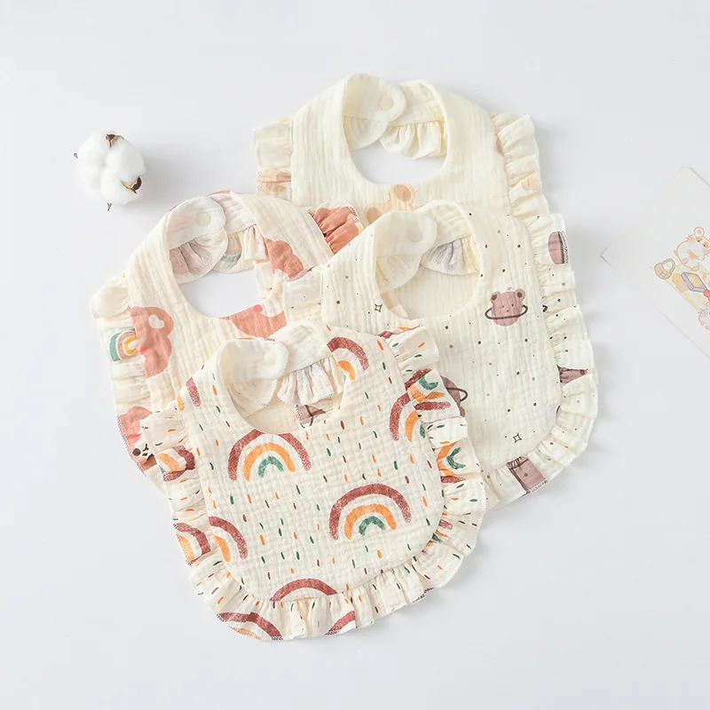 New Cute Cotton Gauze Baby Feeding Drool Bib Ruffle Floral Print Infants Saliva Towel Soft Burp Cloth Newborn Toddler Kid Bibs