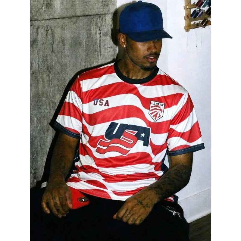 USA‑Inspired Fan Soccer Jersey Wavy Stripe 3D Print Quick‑Dry Breathable Unisex Short Sleeve Supporter Sports Top for Men Women