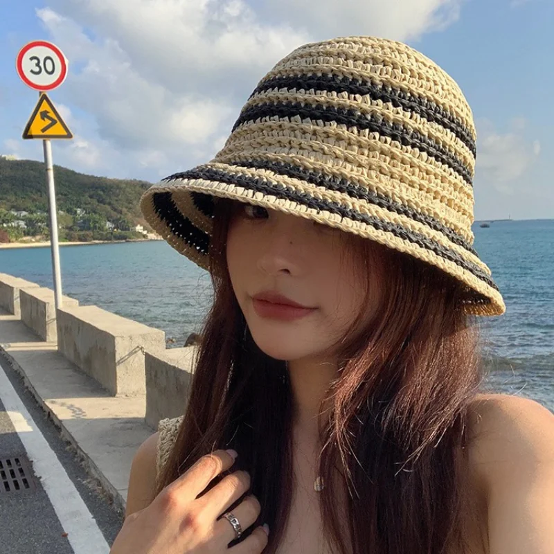 

2023 New Korean Beach Vacation Woven Straw Hat Summer Seaside Sunshade Sunscreen Straw Bucket Hats Versatile Striped Basin Cap