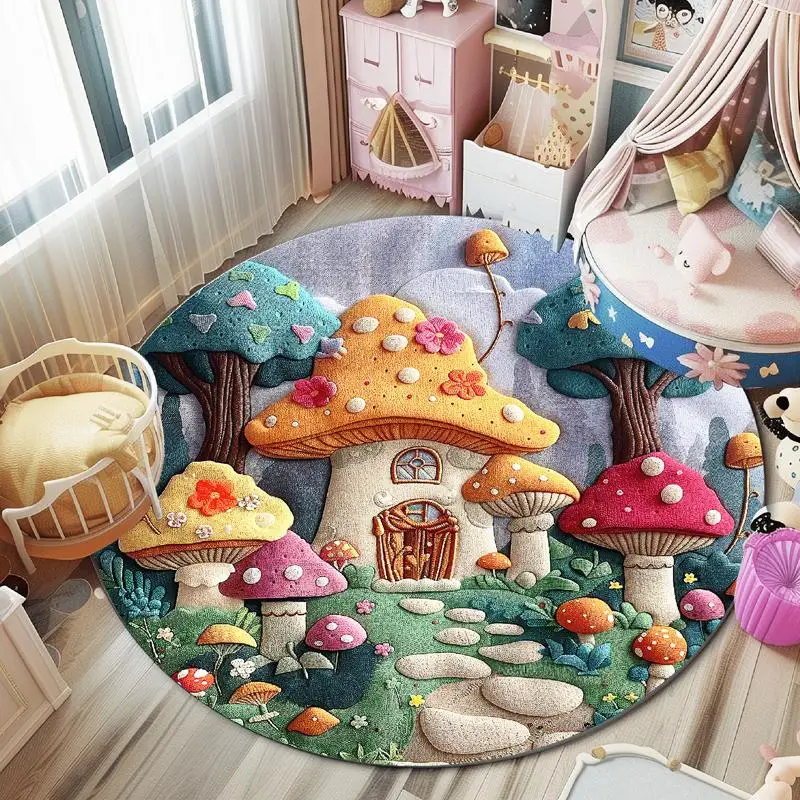 Dopamine Bedroom Decor Round Rug Cute Rugs for Bedroom Children's Reading Area Thick Floor Mat Home Cartoon Mushroom Soft Carpet