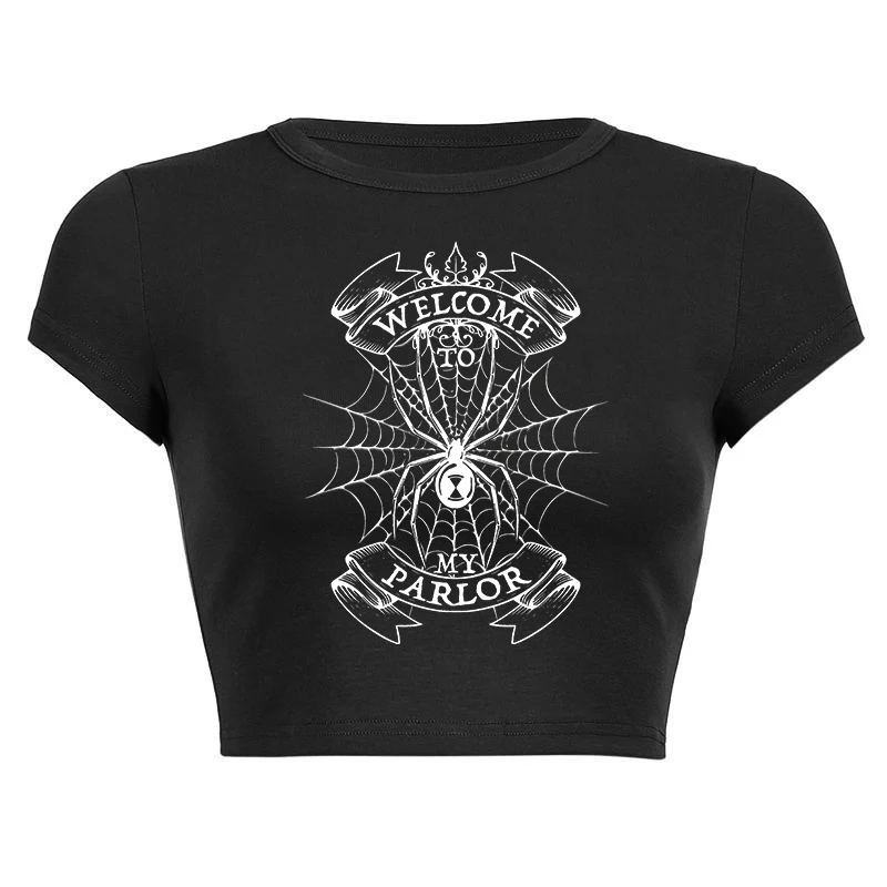 

Grunge Creative Spider Web Pattern Printing Tee Women Y2k Vintage Gothic Slim T-Shirt Aesthetics 2000s Punk Streetwear Crop Top