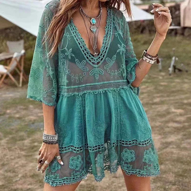 WeHello Women\'s Deep V Neck Boho Beach Outing Sheer Sexy Lace Cover Up Tunic Pareo Swimwear Summer Beach Dress Short Holiday