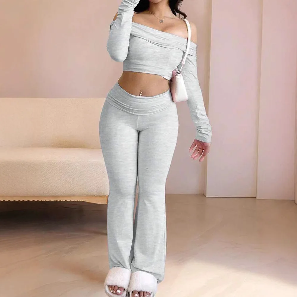 Summer New Set Women Solid High-Quality Off-Shoulder Long Sleeve Loose Fit Crop Top + Long Pants Set Casual Outfits 2 Piece Set