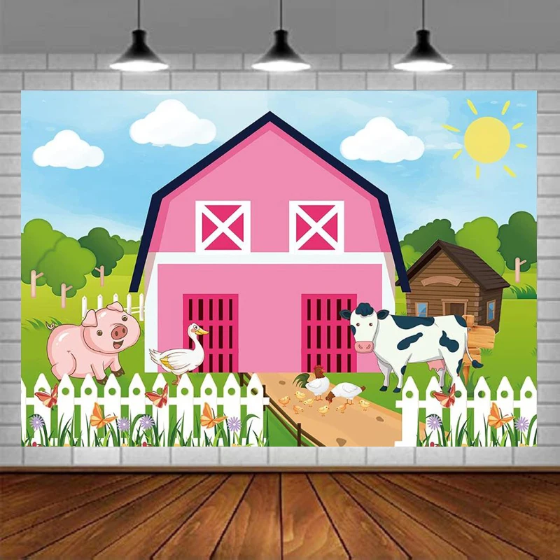 Photography Backdrop Baby Shower Pink Farm Animals Barn Birthday Party Background Cake Table Outside Yard Indoor Outdoor Decor