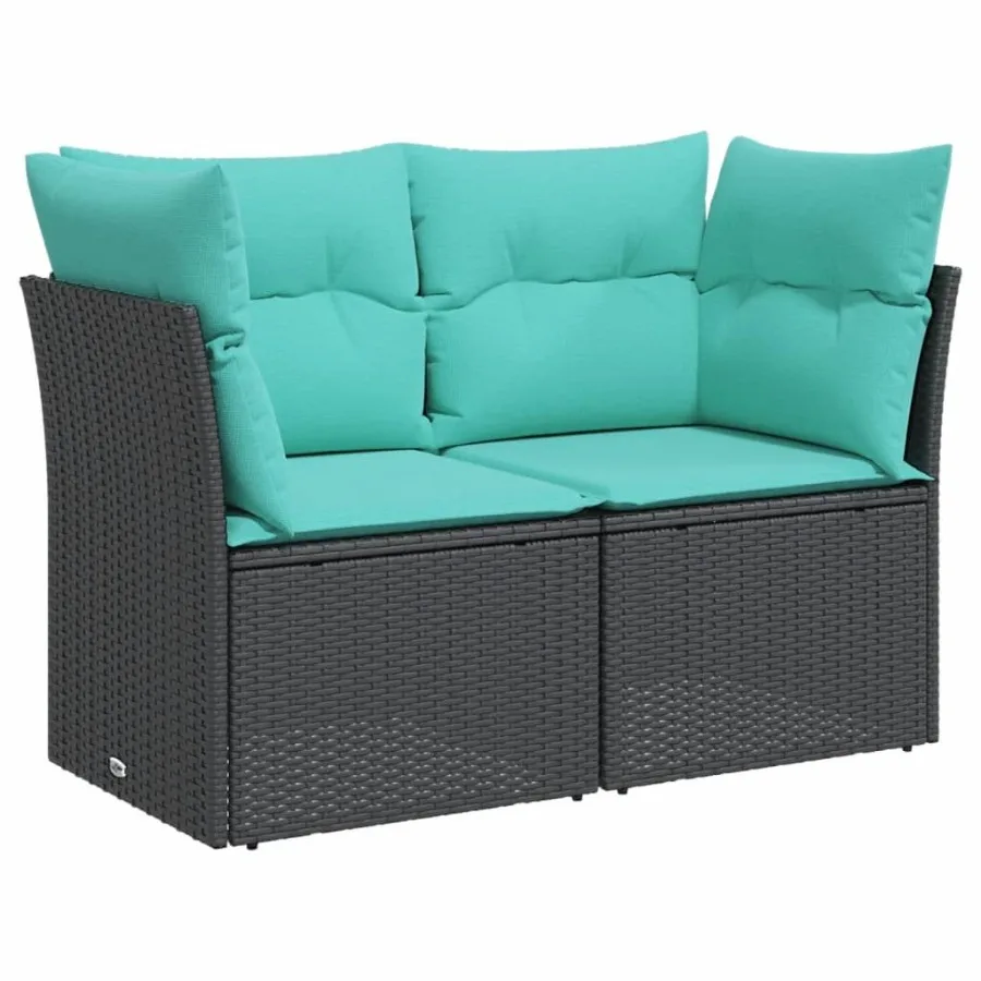 Terrassensofa mit Kissen, 2-Sitzer, schwarzes Poly-Rattan