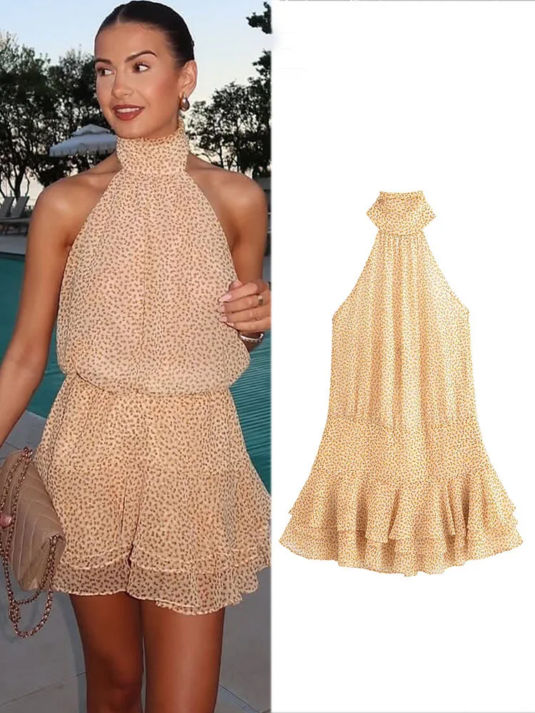 Hh 2025 verão moda feminina estilo praia impresso mini saia elegante em camadas pescoço halter vestido feminino streetwear y2k
