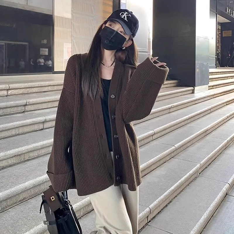 2025 Black V-Neck Sweater Coat for Women, New Autumn Soft Knitted Cardigan