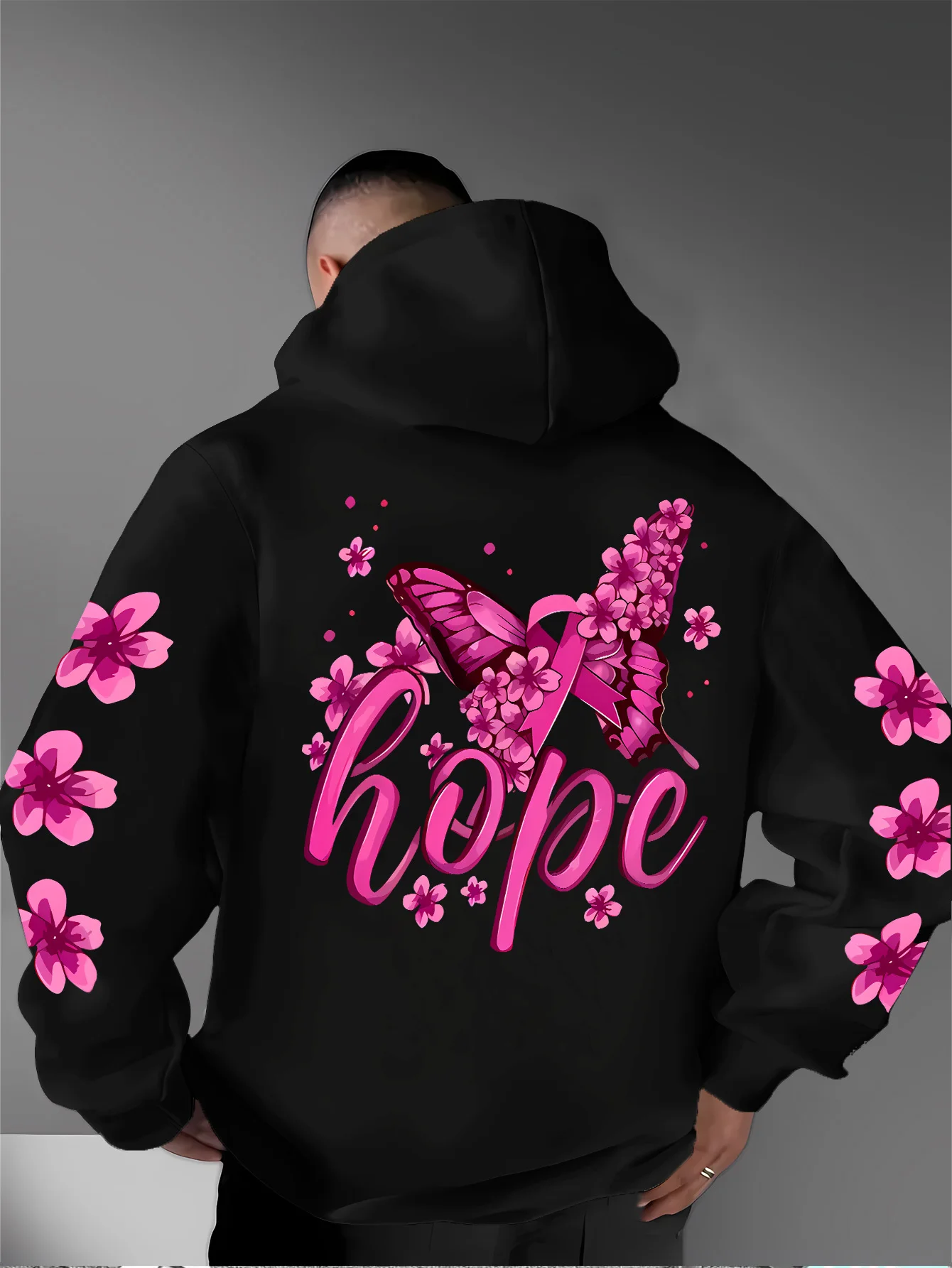 Herren Sport Hip-Hop Hoodie Rosa Blumen Schmetterling Hoffnung Buchstaben Grafik Rückendruck Streetwear Fleece Pullover Sweatshirt – Detail 2