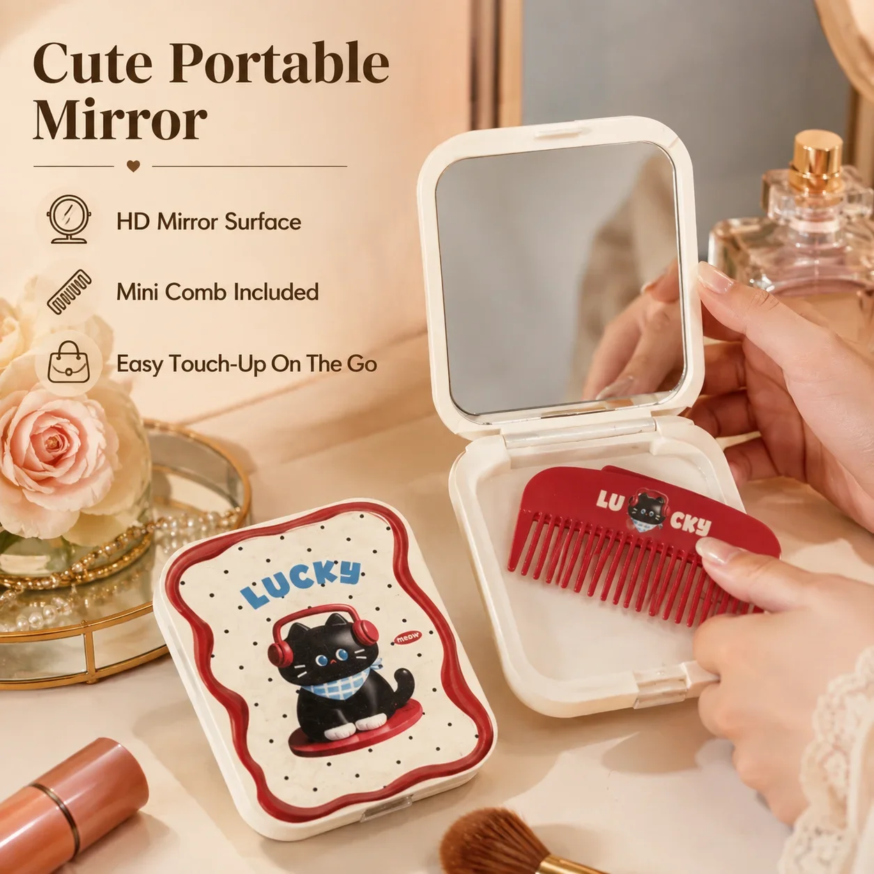 Ins Cute Mini Makeup Mirror, Foldable Portable Compact Mirror for Women, Small Travel Pocket Mirror