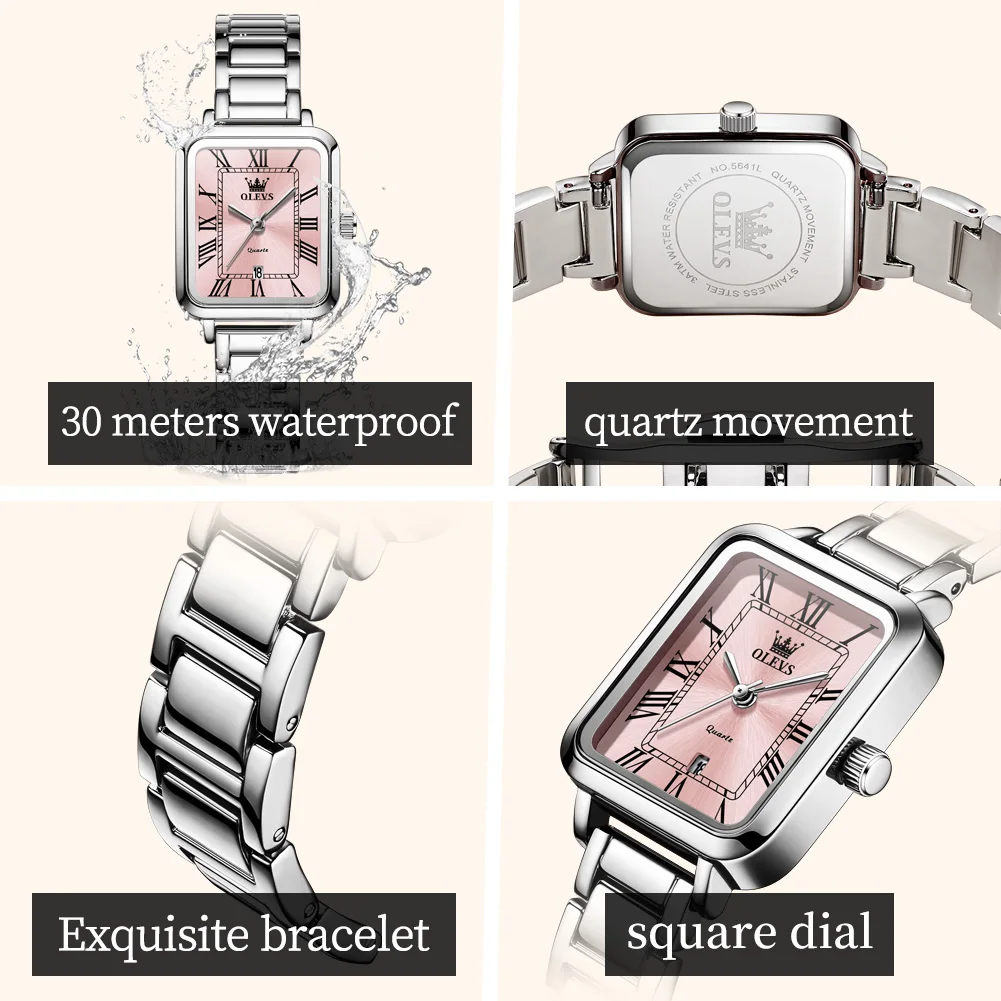 OLEVS 5641 Watches For Woman Elegant Square Quartz Watch Waterproof Luminous Date Ladies Watch Girls Bracelet Set Gifts Box New