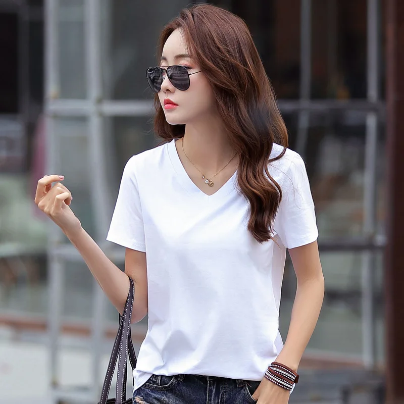 Summer Women's Pure Cotton Short Sleeve T-shirt V-neck Solid Color Casual Bottoming Shirt Slimming Versatile Half Sleeve T-shirt