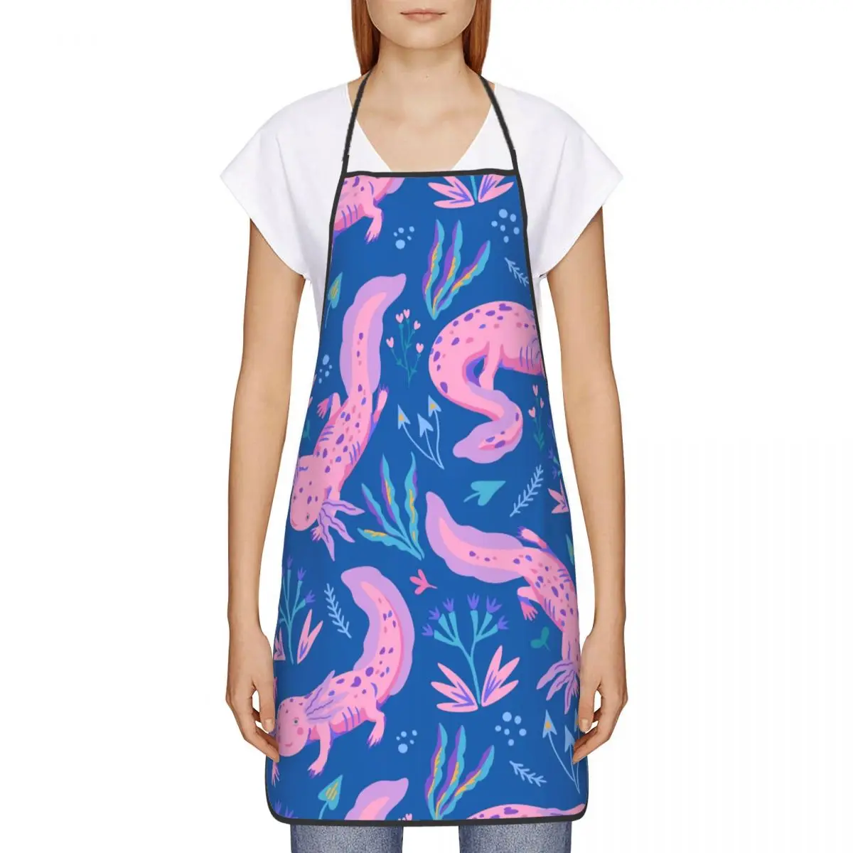 Custom Unisex Cute Salamander Animal Axolotls Bib Apron Adult Women Men Chef Tablier Cuisine for Kitchen Cooking Baking