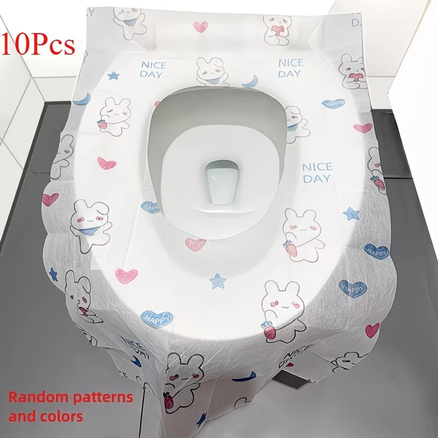 Lot de 10 housses de siège de toilette jetables, coussinets de toilette portables étendus et élargis, motifs mignons de lapin et de cœur, matériau doux et enduit, adaptés aux toilettes publiques, aux voyages et à l'uti