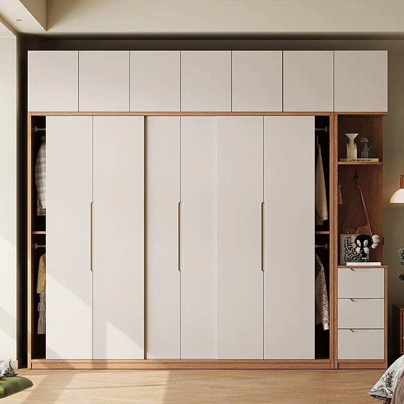 F*-Minimalist Wood Based Panel Full Height Sliding Wardrobe, Flat Slab Panel Walk-in Closet With Top Storage Cabinets