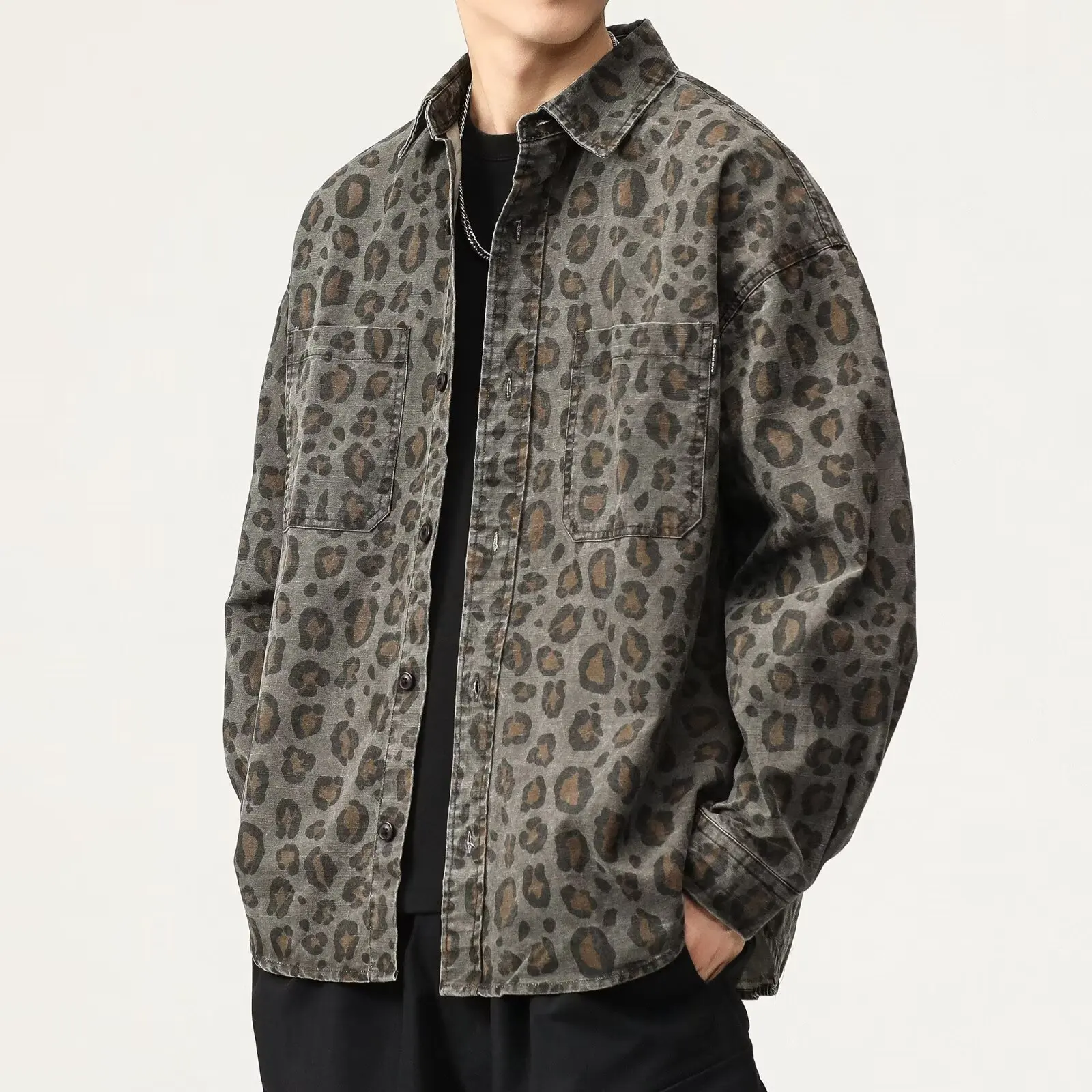 American Vintage Leopard Print Shirt, Light Luxury Outfit, Jacket, Street Shirt For Men