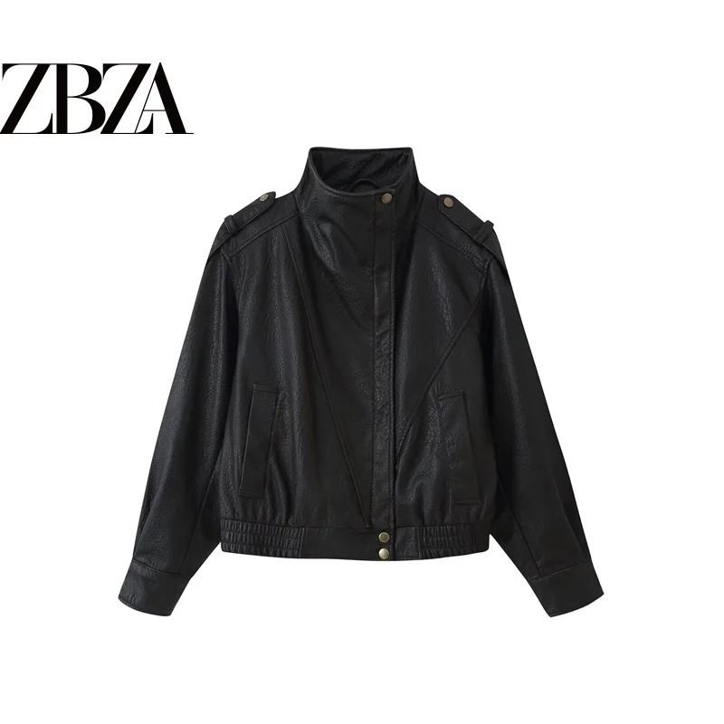 Fashionable Versatile Stand Collar Faux Leather Pilot Jacket Outerwear for Women Polyester Fiber Autumn Season European Style