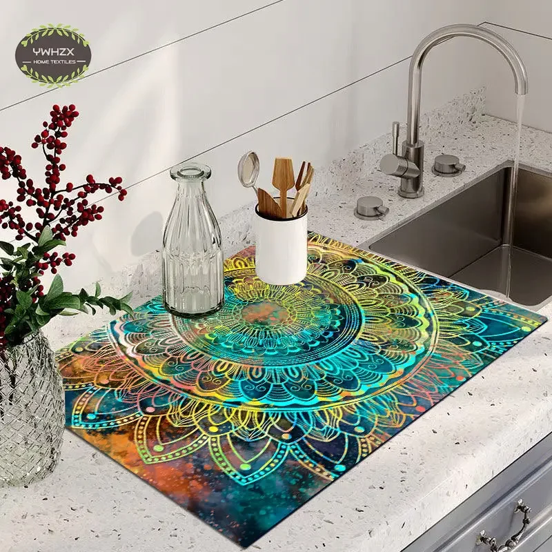 Watercolor Mandala Drain Pad Placemat Quick Dry Durable Diatom Mud Hide Stain Coffee Dish Drying Mat Easy To Clean Kitchen Decor