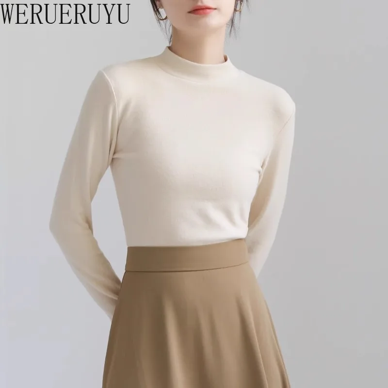 Long Sleeve White Thick T-shirt Women Y2k Clothes Autumn Winter Fashion Warm Tops Half High Collar Elegant T-shirts for Womens