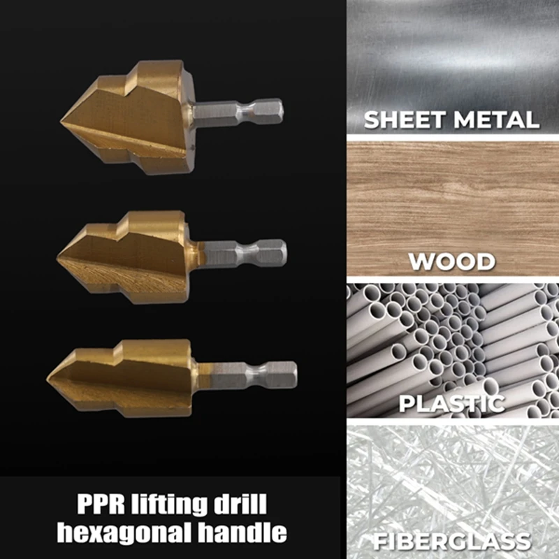 PPR Lifting,3 Blades Stepped Drill Bit,Hexagon Shank Water Pipe Connection Tool 20/25/32Mm,Plumber Repairing Power Parts