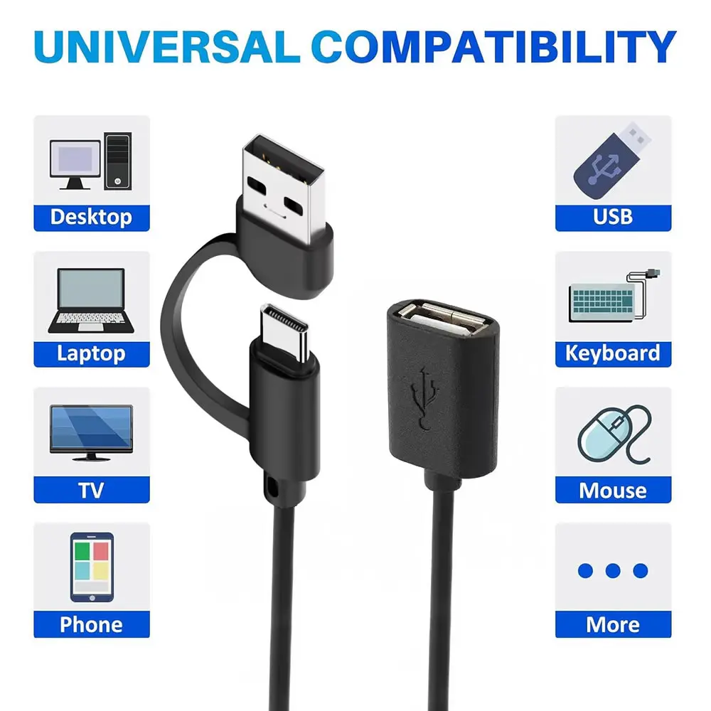 2 in 1 USB C タイプC - USB 2.0 OTGアダプターケーブル（スイッチ付き）、USBオス-メス延長コード（充電・データ同期用）
