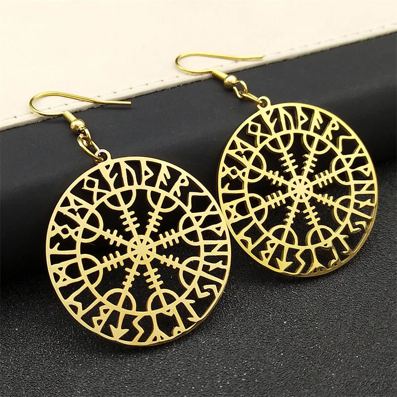 Norse Runes Viking Compass Earrings for Women Stainless Steel Gold Color Vegvisir Talisman Ear Hook Scandinavian Jewelry E7023S0
