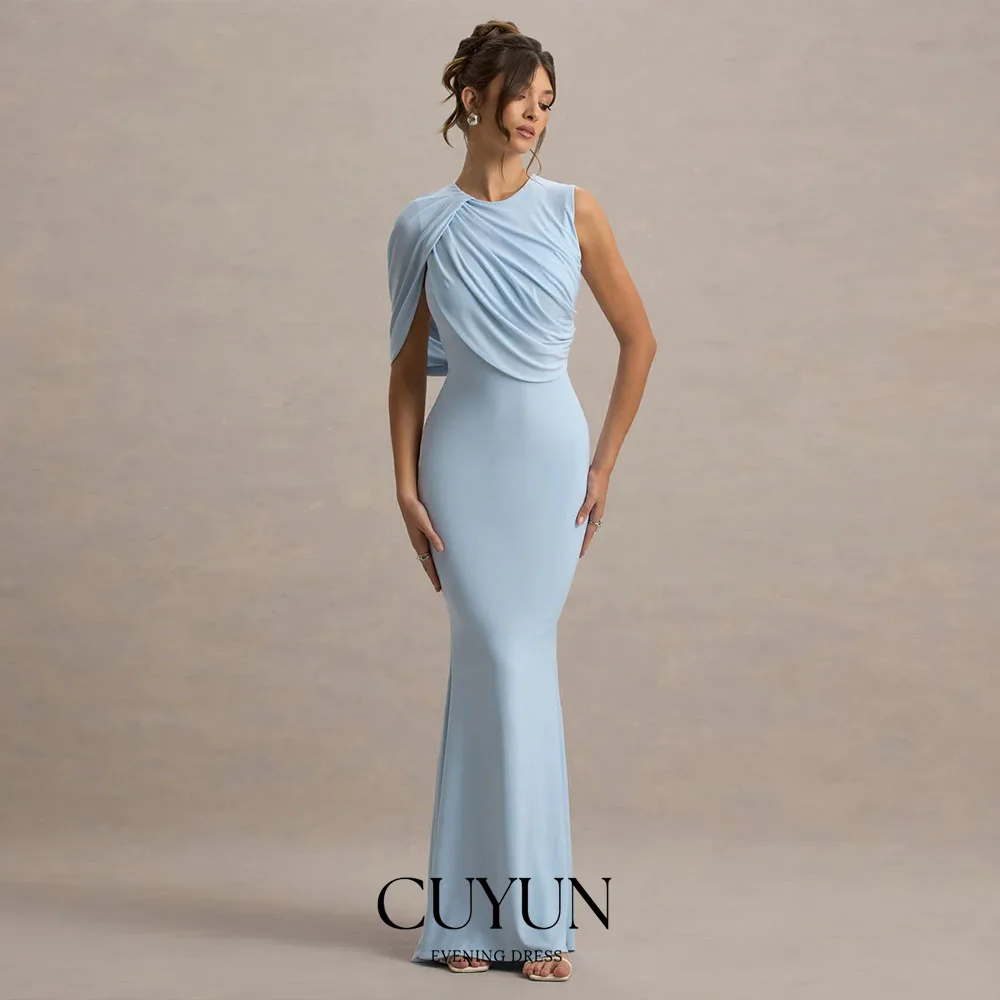 

CUYUN Customized Blue O-Neck Formal Evening Gown 2026 Floor-Length Backless Semi-Mermaid Party Dinner Gown