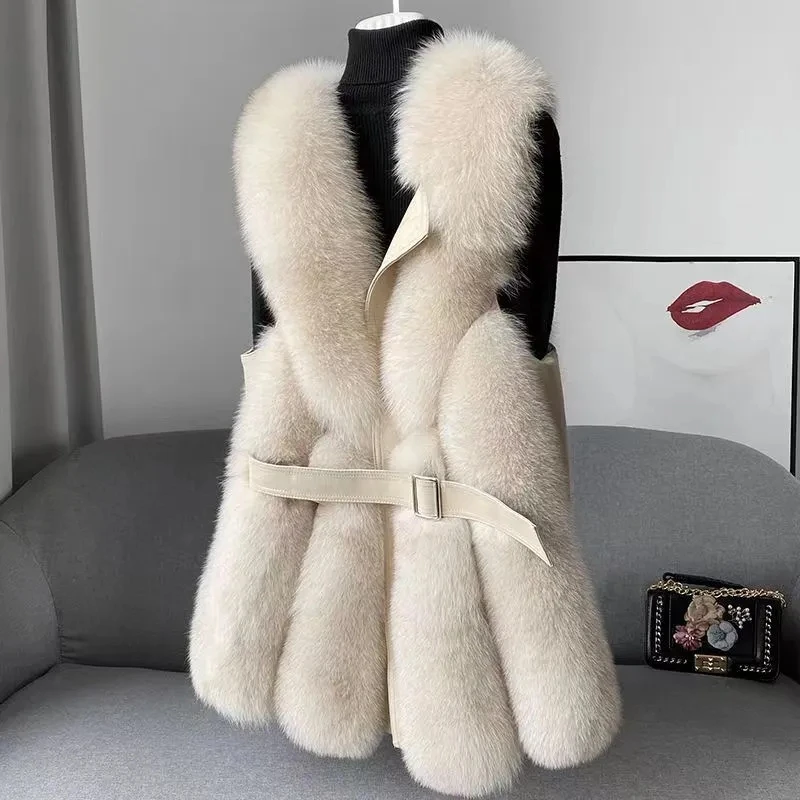 Gilet en fausse fourrure de renard avec ceinture pour femme, veste mince, veste chic, manteau en fausse fourrure, gilet à la mode, nouveau, 2024