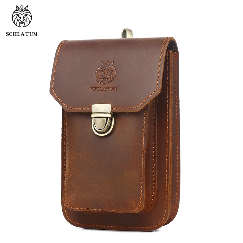 SCHLATUM Crazy Horse Leather Men Belt Pouch Vintage Casual Waist Bags 7-inch Mobile Phone Fanny Waist