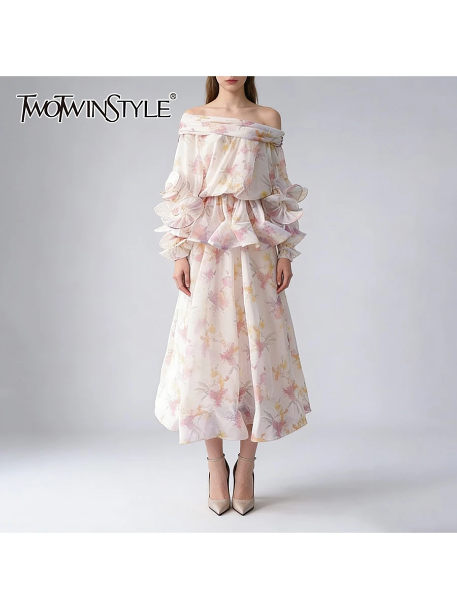 

Новое женское повседневное платье TWOTWINSTYLE с принтом, свободного кроя, с оборками, элегантное, с вырезом-лодочкой и длинными рукавами