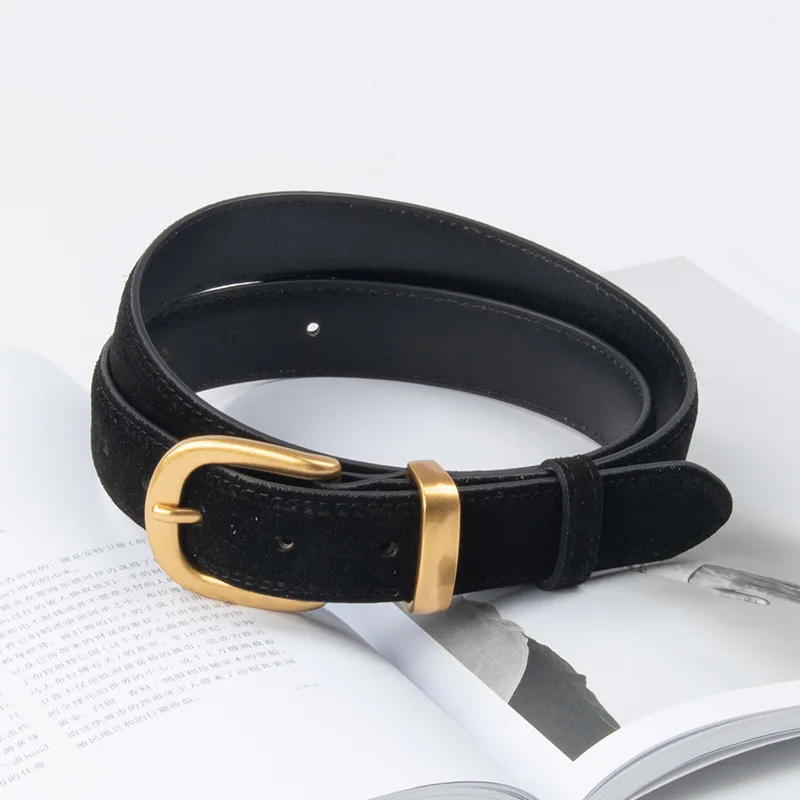 Wysokiej jakości pasek ze skóry bydlęcej damski modny uniwersalny dodatek do jeansów pas gotycki retro z metalową klamrą zamszowy pasek do talii