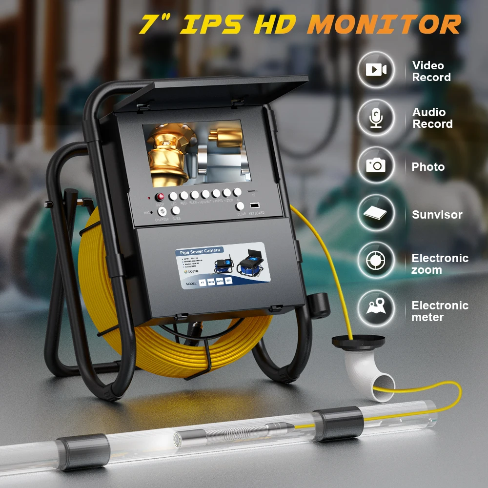 50M  Sewer Pipe Inspection Camera withKeyboard +Meter Counter  DVR 16GB Card Video 23mm Endoscope Camera 7