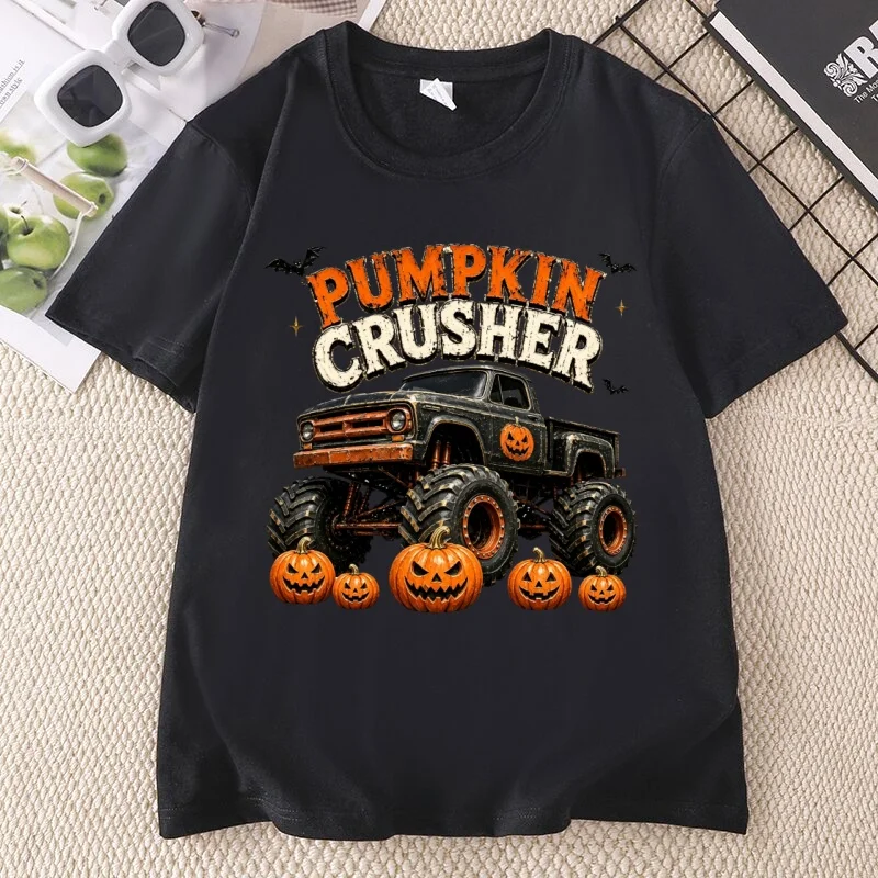 Pumpkin Crusher T Shirt Halloween Monster Truck Design Graphic Tees Cotton Short Sleeve Pumkin Fall T-shirts Woman Clothing