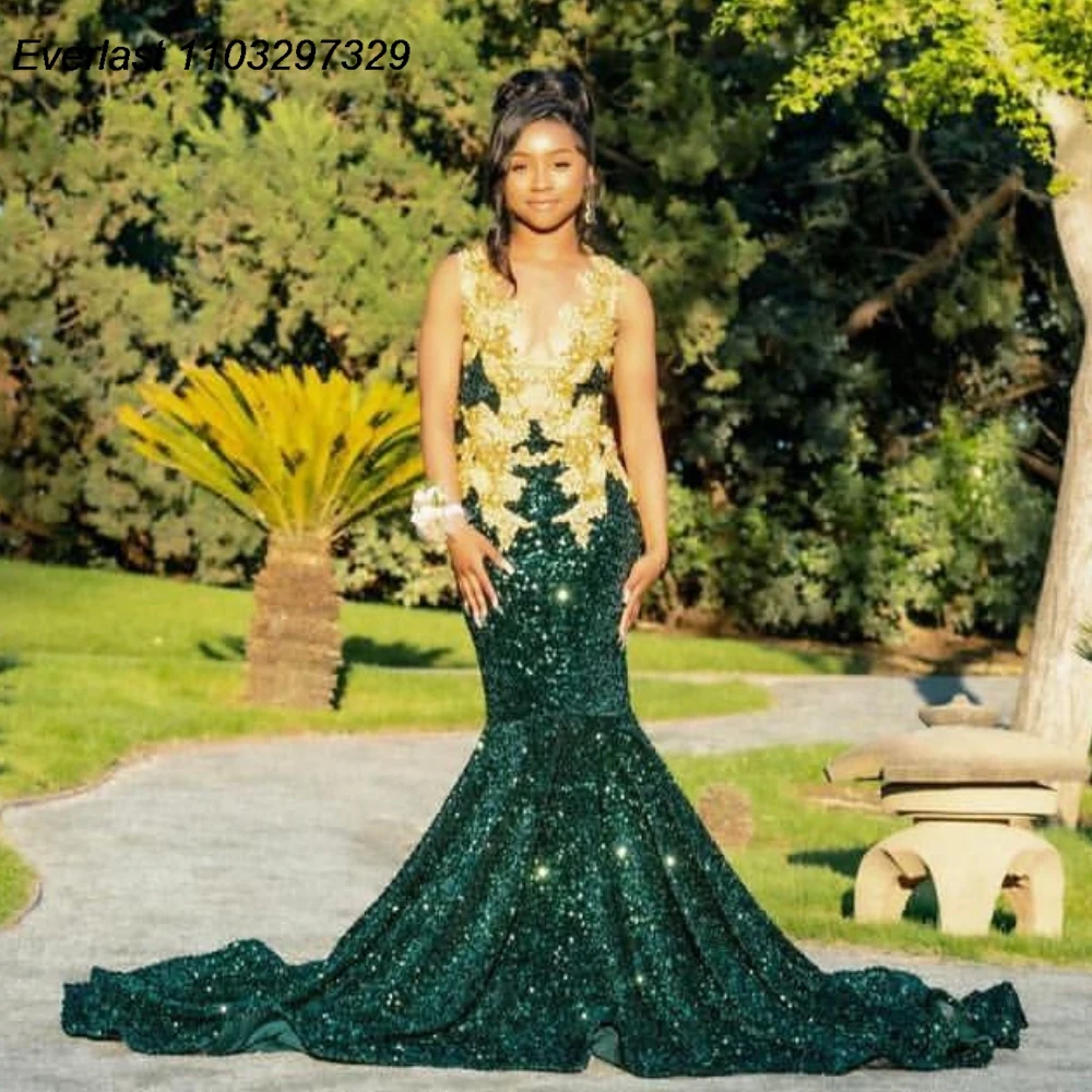 EVLAST Customized Emerald Green Prom Dress For Black Girls Gold Diamond Rhinestone Beaded Formal Party Birthday Gala Gown TPD132