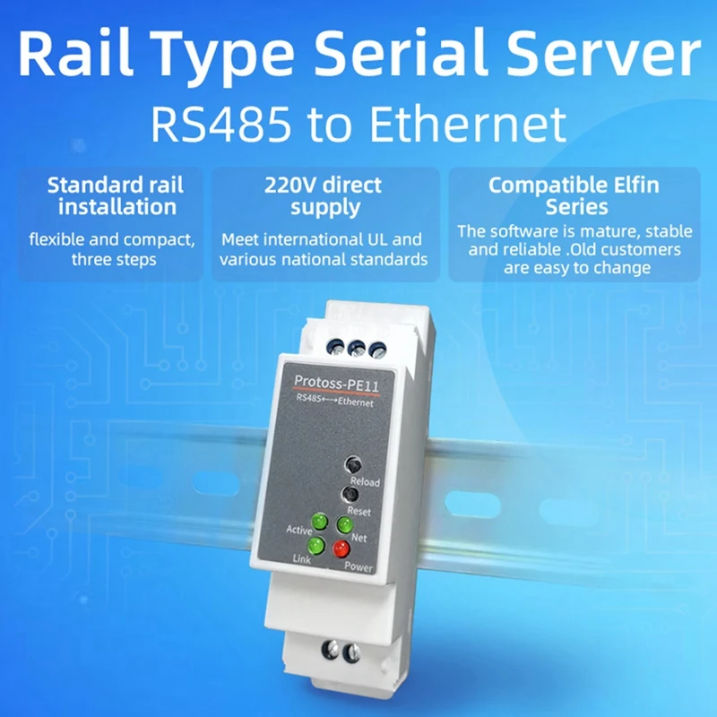 Serial Port Ethernet Converter, Servidor de Plástico Branco, Modbus TCP RTU, Protocolo MQTT, PE11-H Suporte, RS485, DIN-Rail, 1 Pc