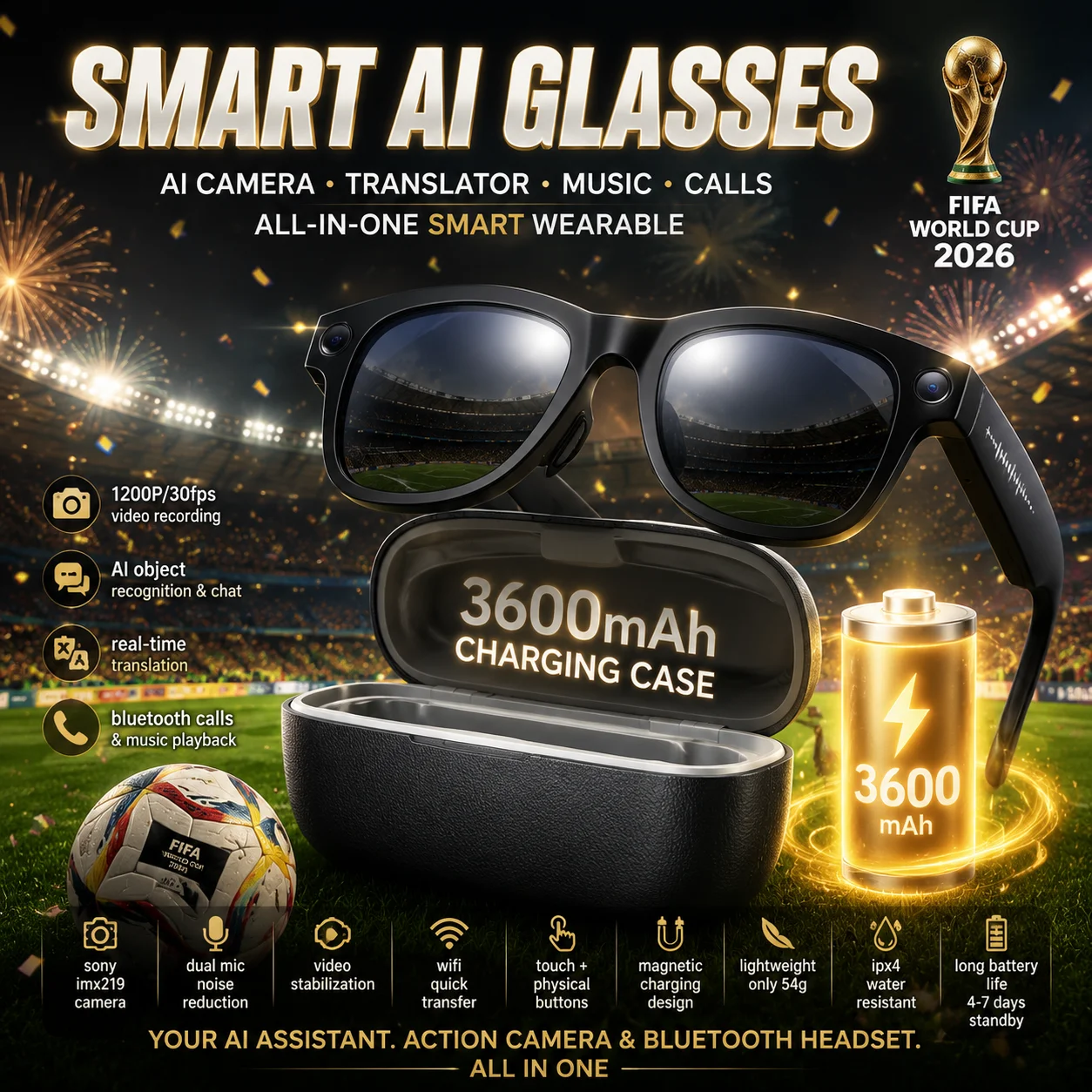 New AI Camera Glasses, 1200P Video, 8MP Photo, Object Recognition, Voice Wake Up, Dual Mic Noise Reduction Bluetooth Eyewear Set