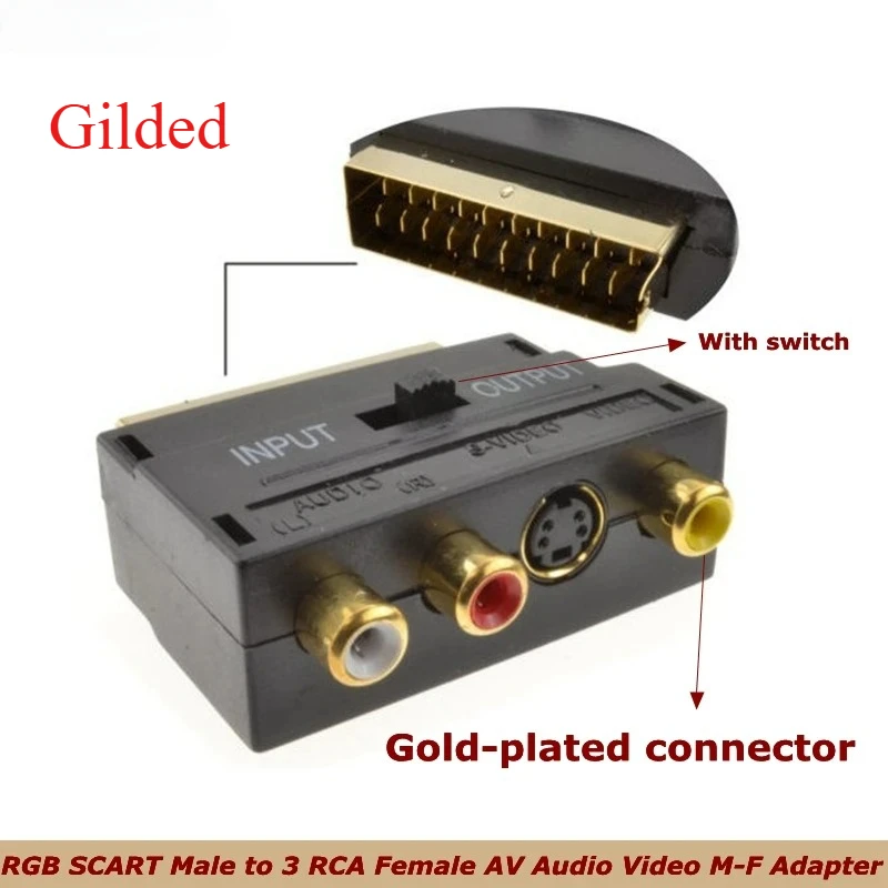 RGB SCART Male To 3 RCA Female AV Audio Video M-F Adapter Converter for TV VCR Scart Adapter, with Switch, Connector