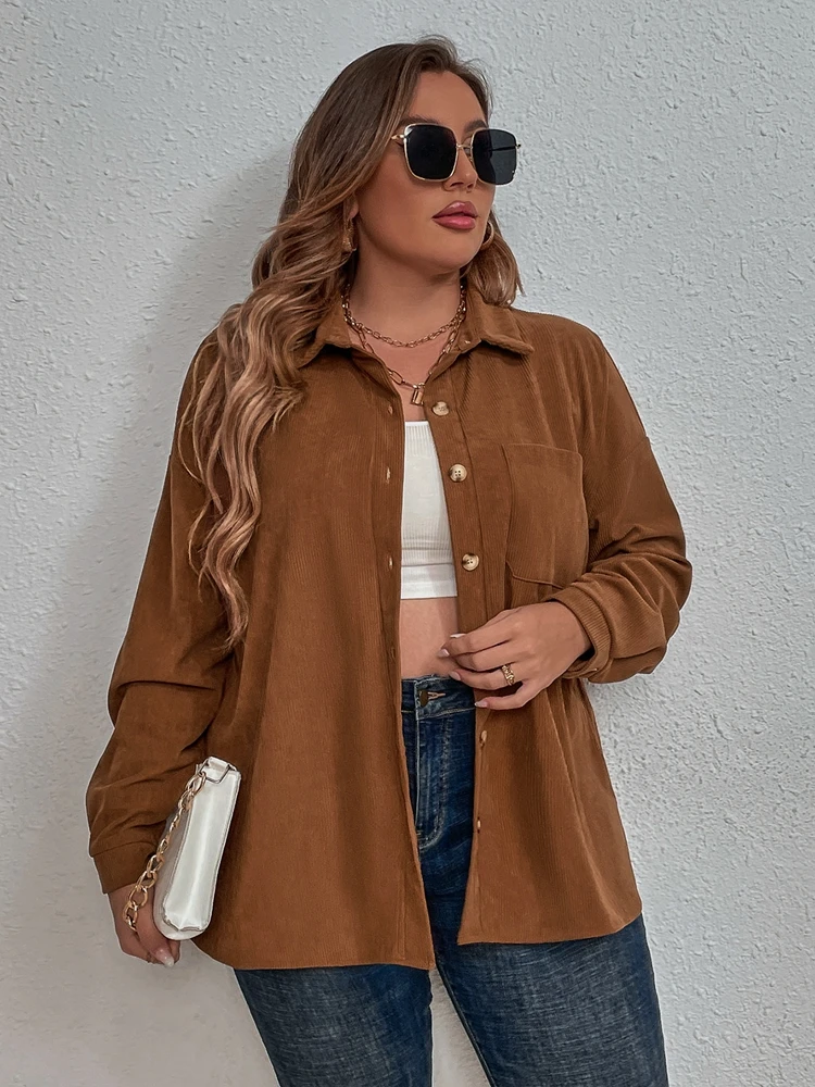 

2022 Fall New Large Size Ladies Casual Shirts 9XL 8XL 7XL 6XL Fashion Lapel Pocket Corduroy Long Sleeve Solid Color Shirts