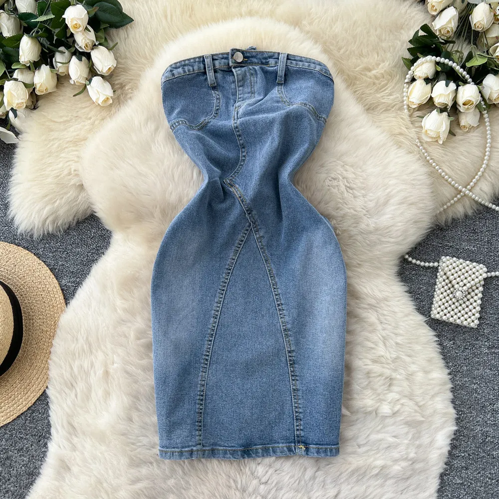 

Mid Length Dress Women Denim Dresses Strapless Sleeveless Sexy Vestidos Y2k Streetwear Hip Wrap Elegant Party Night 2026