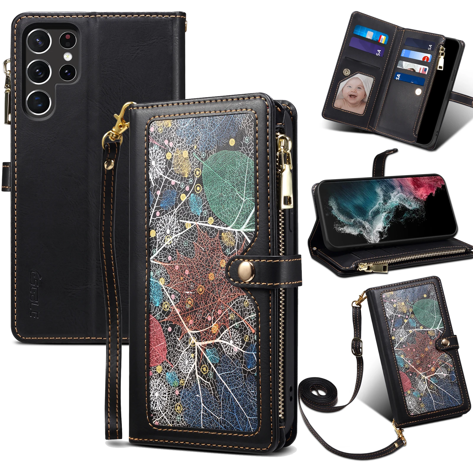 

Flower pattern Leather Flip Case For Samsung Galaxy S24 Ultra S24+ Wallet Card Slot Holder Mobile Phone Cover With Free Rope