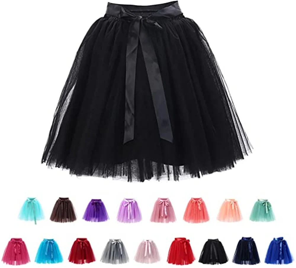 

Women 5 Layers Tulle Short Skirt Free Size Tutu Mini Dress with Sashes Party Costume Crinoline Petticoat for Carnival Rockabilly