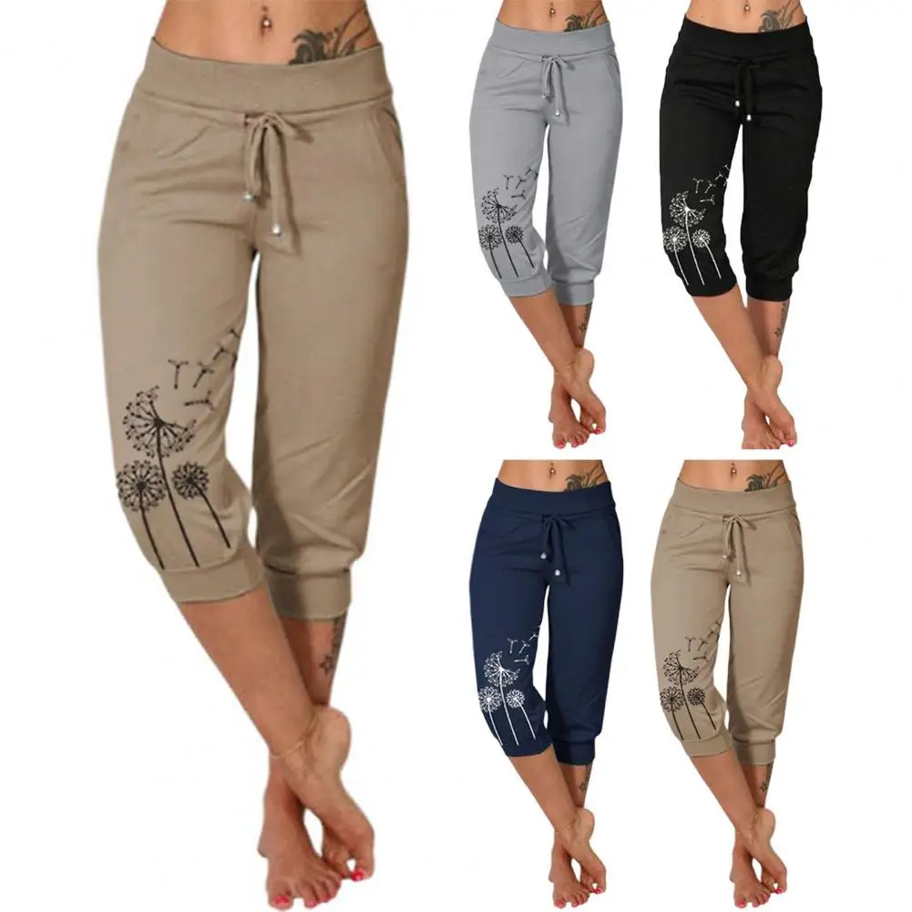 

Women Cropped Trousers Drawstring Elastic Waistband Dandelion Print Women Casual Pants Pockets Mid-calf Length Leisure Pants