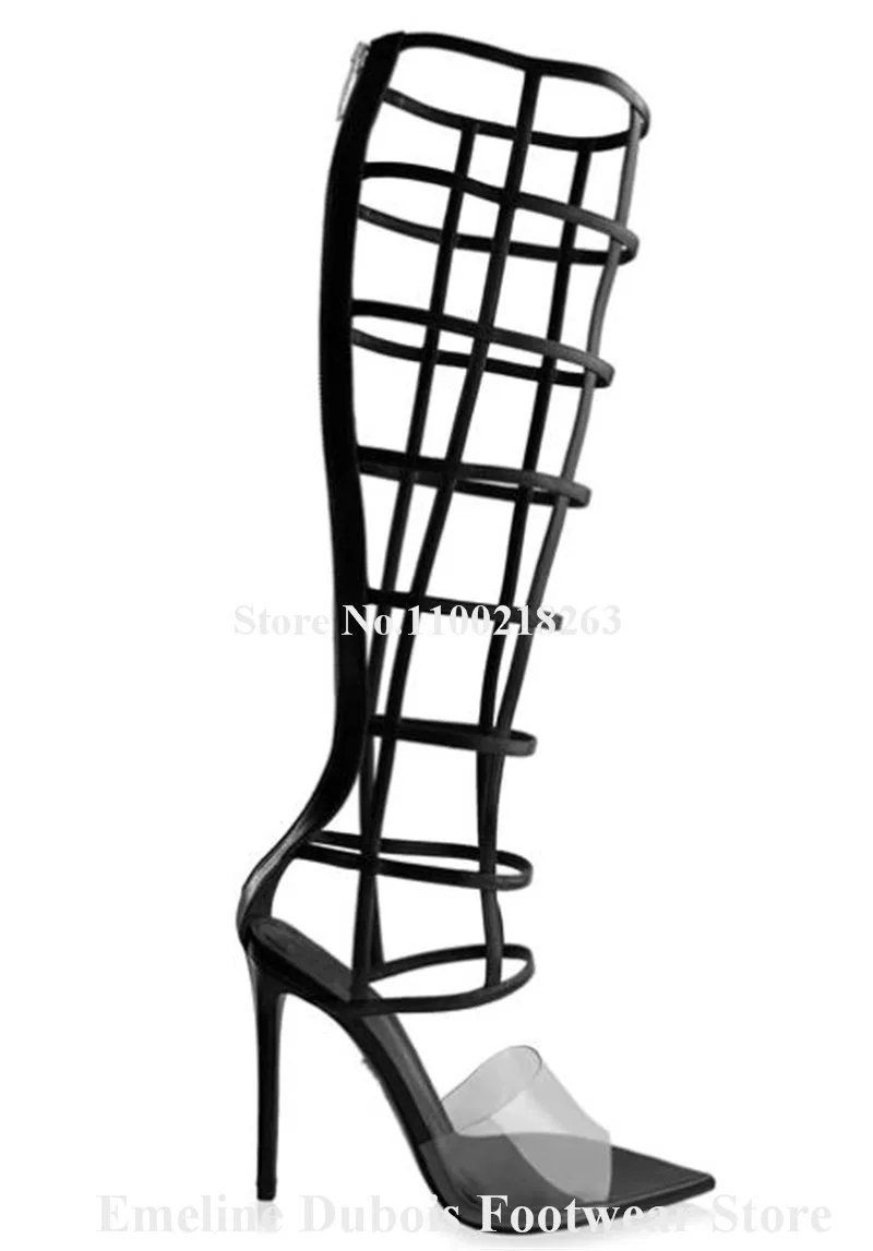 PVC Patchwork Gladiator Boots Emeline Dubois Pointed Open Toe Black Beige Straps Cross Caged Stiletto Heel Knee High Sandal Boot