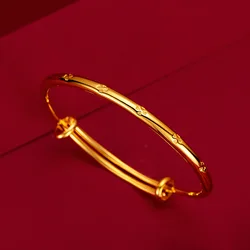 Pure 18k Yellow Gold Lucky Bracelet for Women Trend Gold Grass Smooth Push and Pull Handle for Women Jewelry
