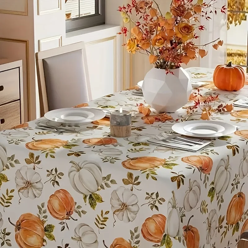 One linen tablecloth, featuring a design of autumn pumpkins and maple leaves, is perfect for Thanksgiving.zyc