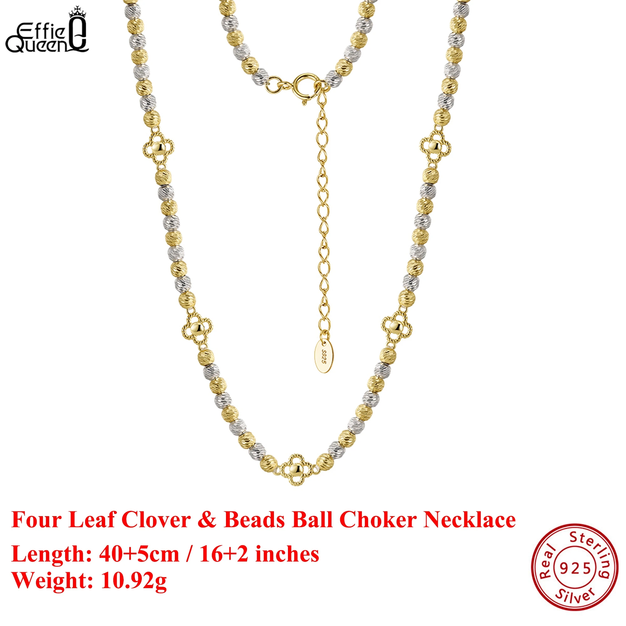 

Effie Queen 925 Sterling Silver 14k Gold Four Leaf Clover Beads Ball Chain Choker Necklace Lucky Jewelry for Women Banquet GAN11
