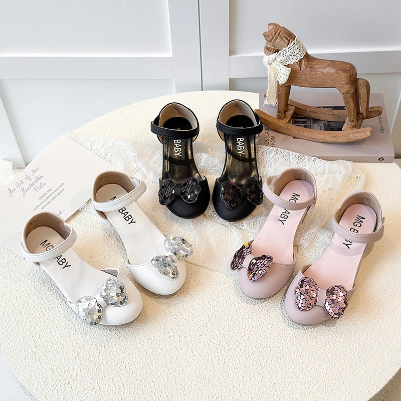 

Children's Leather Shoes High Heel Princess Party New Sequin Bow Decoration Little Girl Shoes Student Dance Performance Shoes